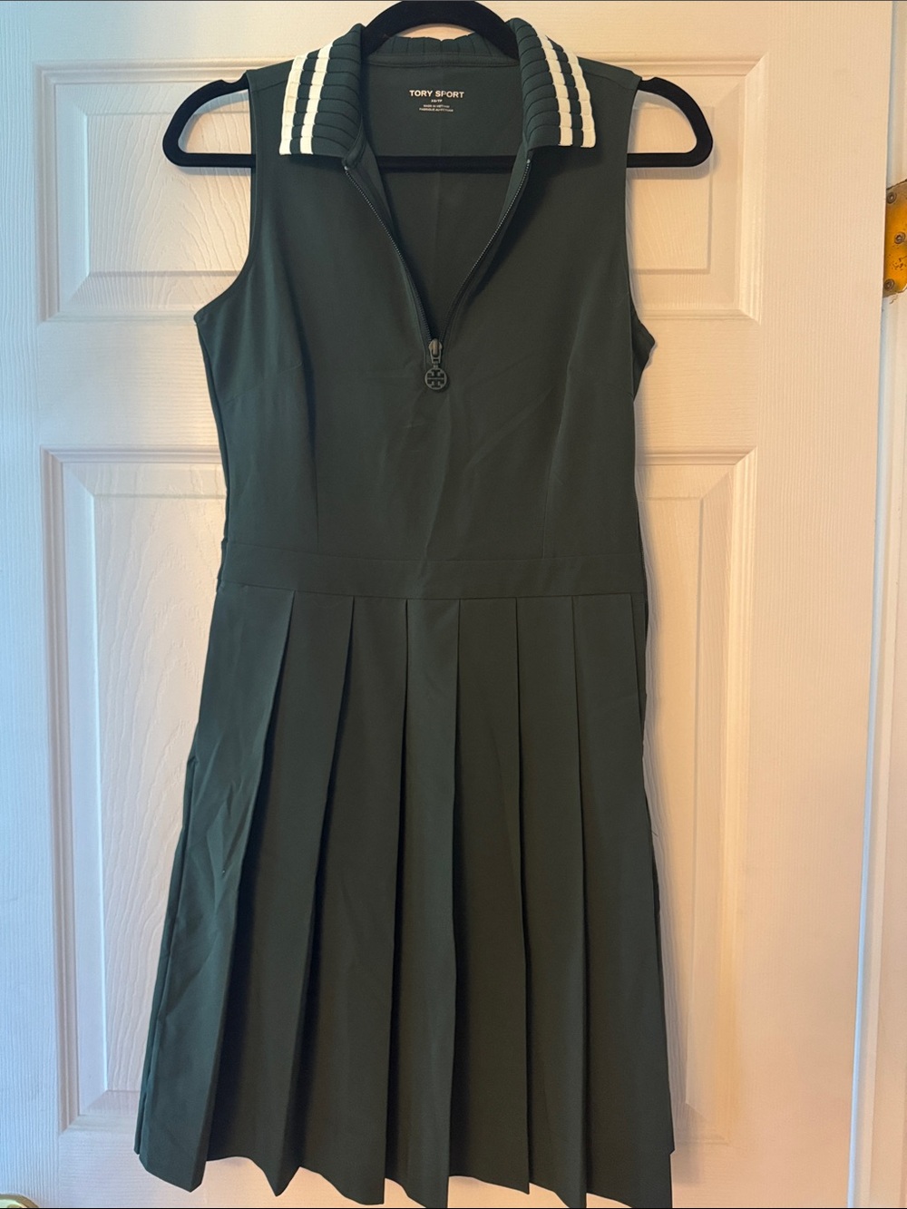 Tory Sport Dark Green Sleeveless Pleated Polo Dress with White Trim